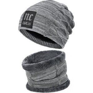 🆕 Men Grey Fleece Lined Winter Cap Beanie Scarf Set Knit Neck Warmer Nice Hat
